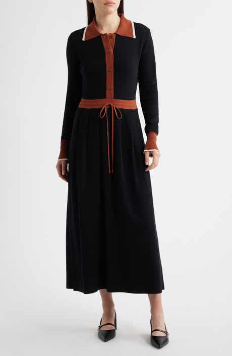 Tipped Long Sleeve Drawstring Waist Sweater Dress