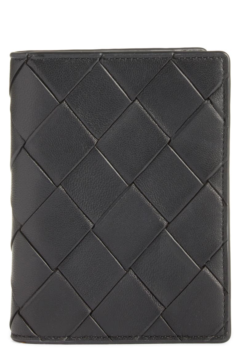 Woven Leather Bifold Card Case, Main, color, BLACK