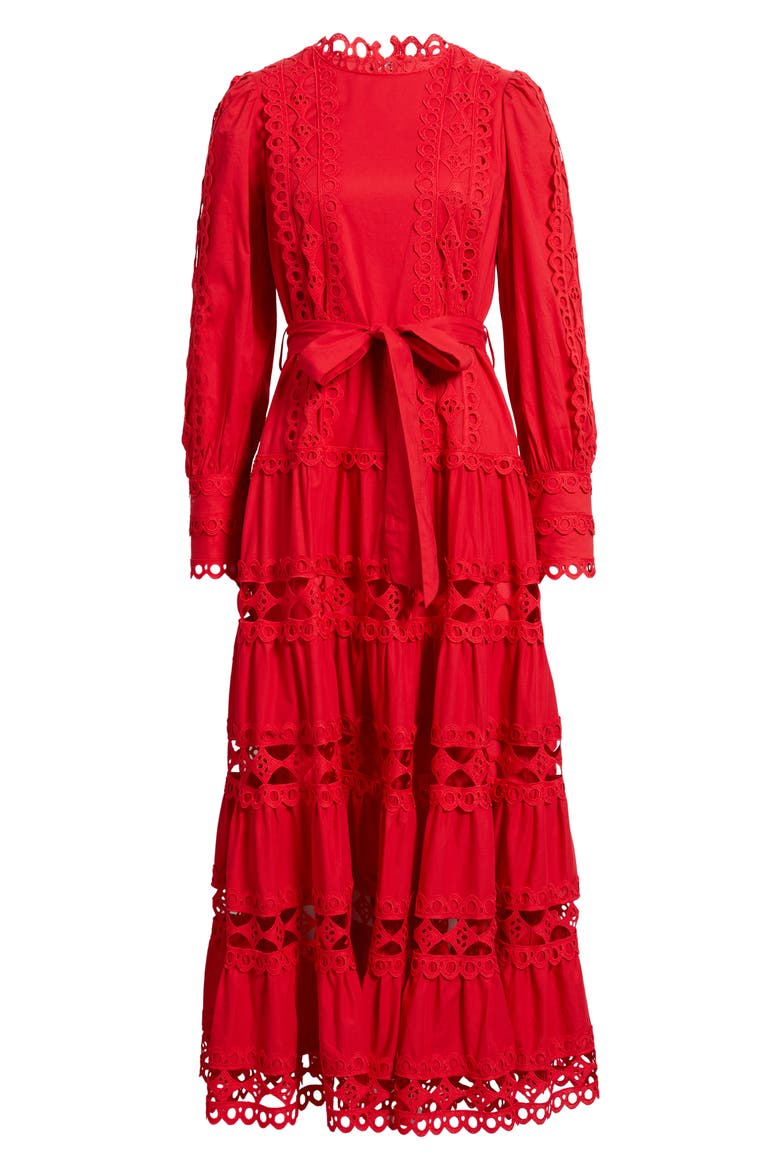 Lace Trim Long Sleeve Cotton Maxi Dress, Alternate, color, CANDY APPLE
