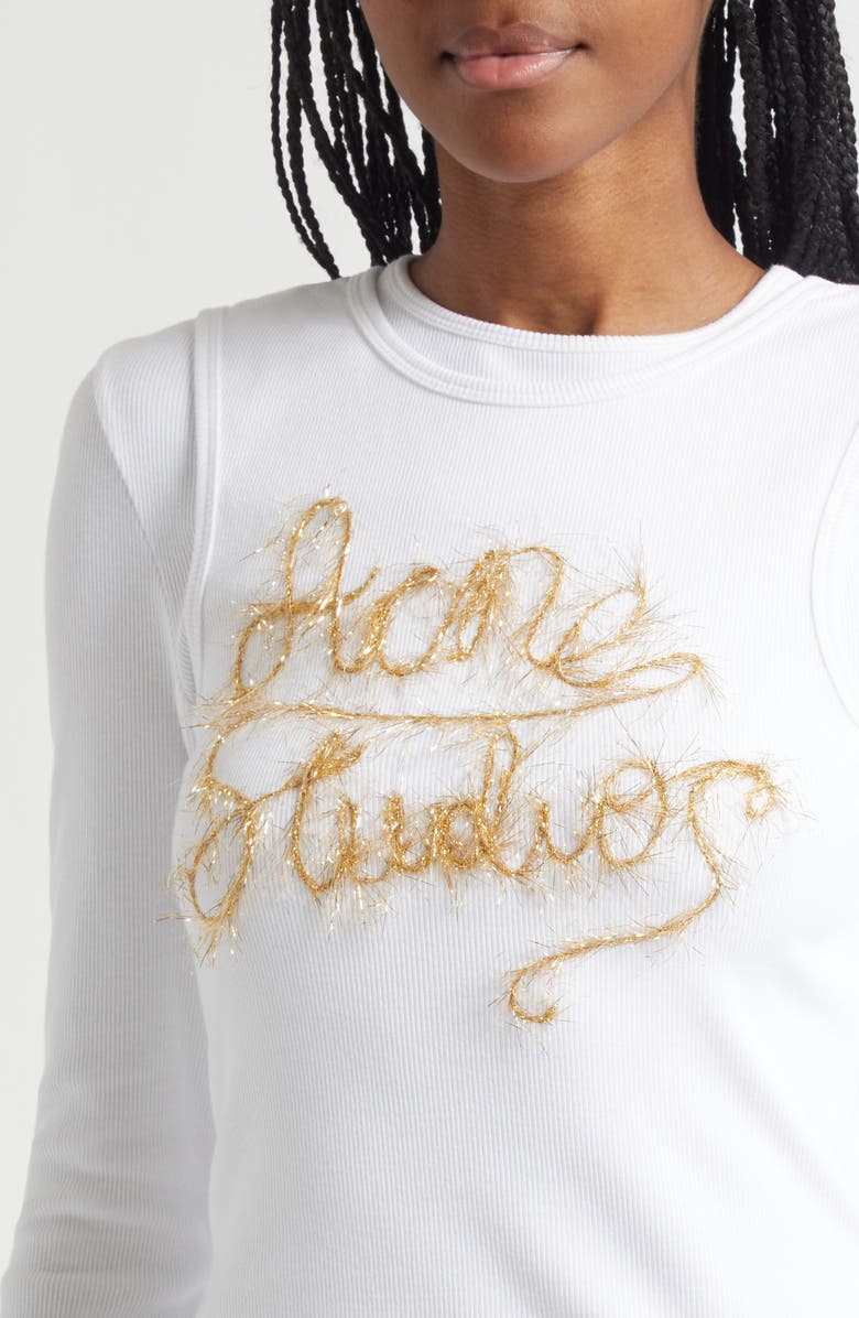 Acne Studios Elga Tinsel Logo Rib Long Sleeve Layered T-Shirt, Alternate, color, Optic White
