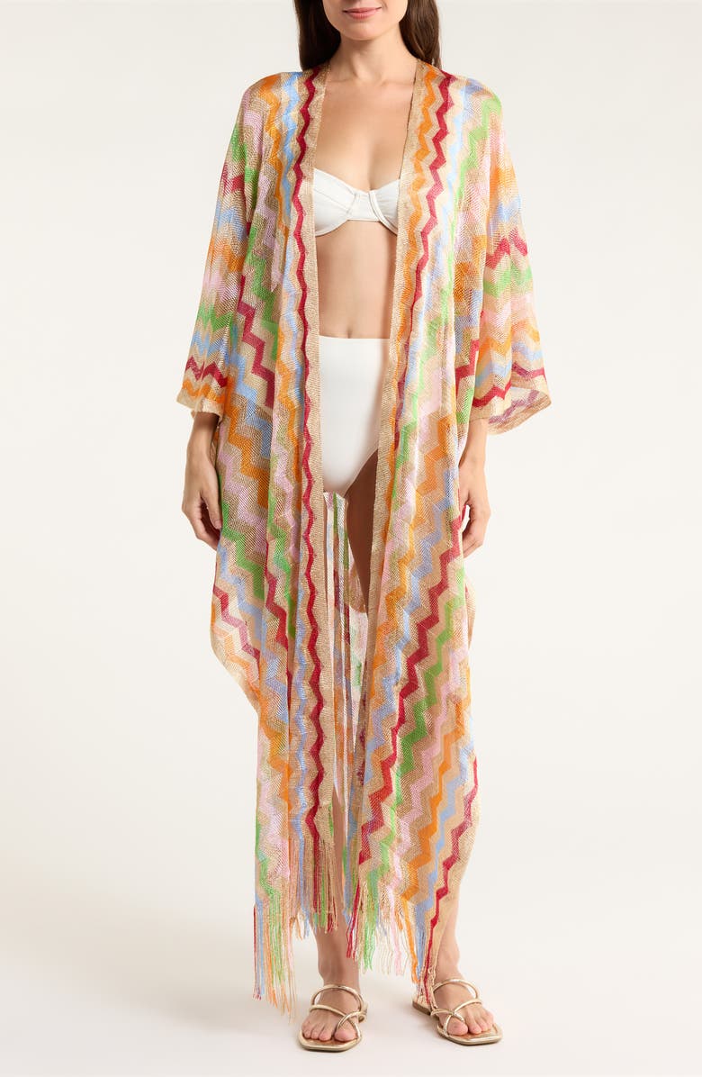 Elan Chevron Cover-Up Caftan, Alternate, color, Beige Multi