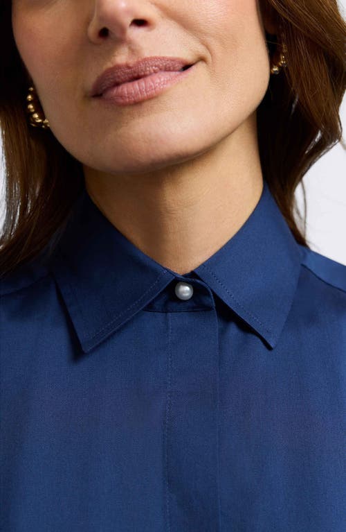 Foxcroft Pearl Three-quarter Sleeve Button-up Shirt In Navy