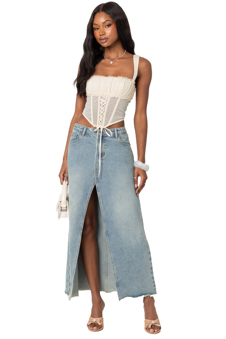 Dafne Shirred Bust Sheer Mesh Corset Top, Alternate, color, BEIGE