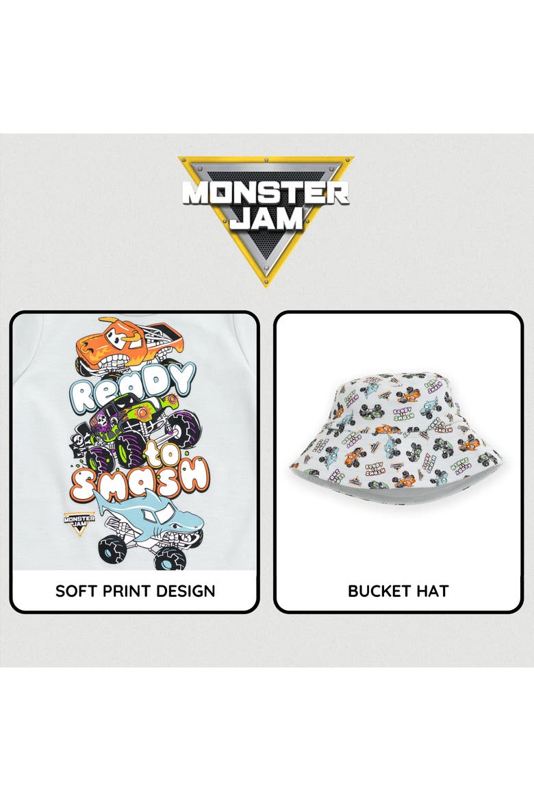 One Piece Romper and Bucket Hat Set, Alternate, color, Blue Gray