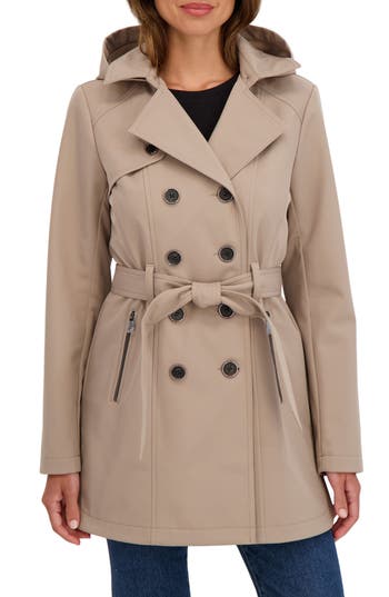 Sebby Water-resistant Hooded Double-breasted Trench Coat In Brown