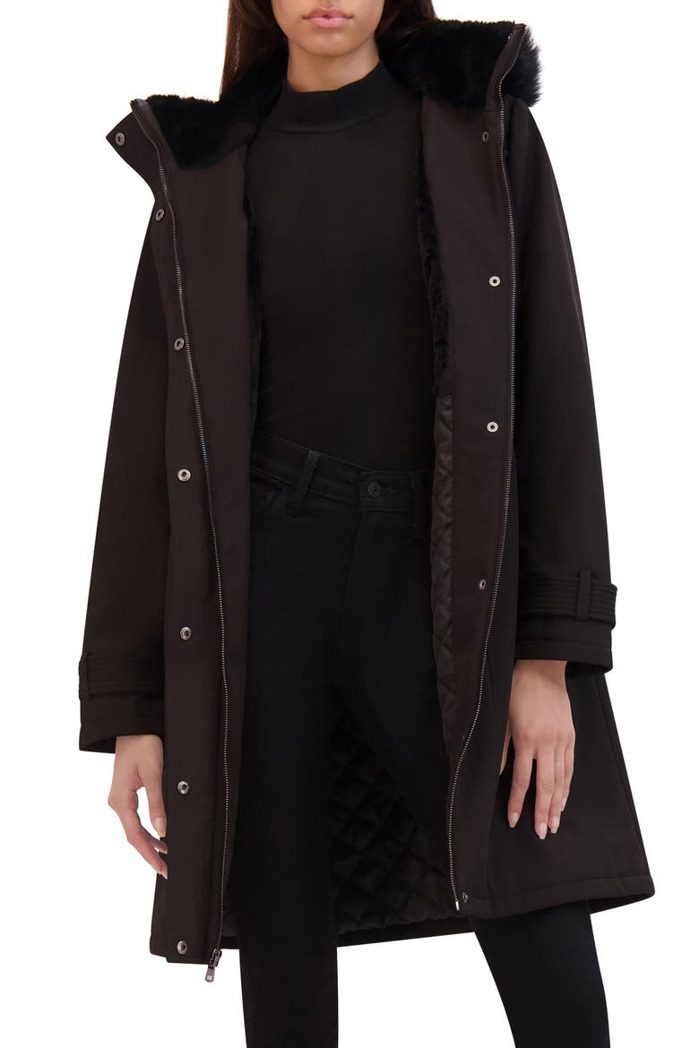 Belted Faux Fur Trim Hooded Coat, Alternate, color, BLACK