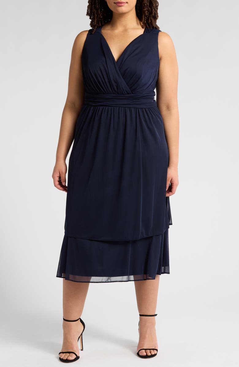 SL FASHIONS Tiered Hem Chiffon Midi Dress with Jacket, Alternate, color, Navy