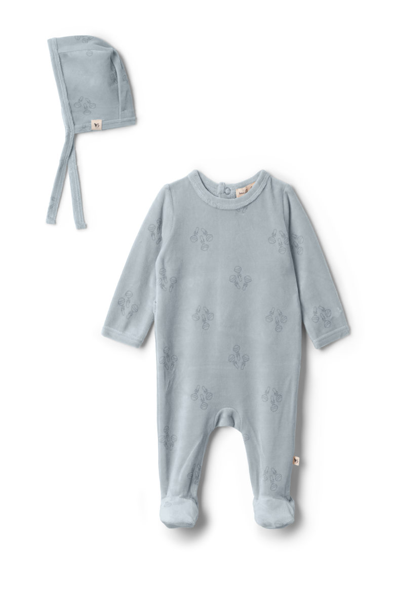 Boy Rattle Print Velour Romper with Bonnet, Main, color, Blue