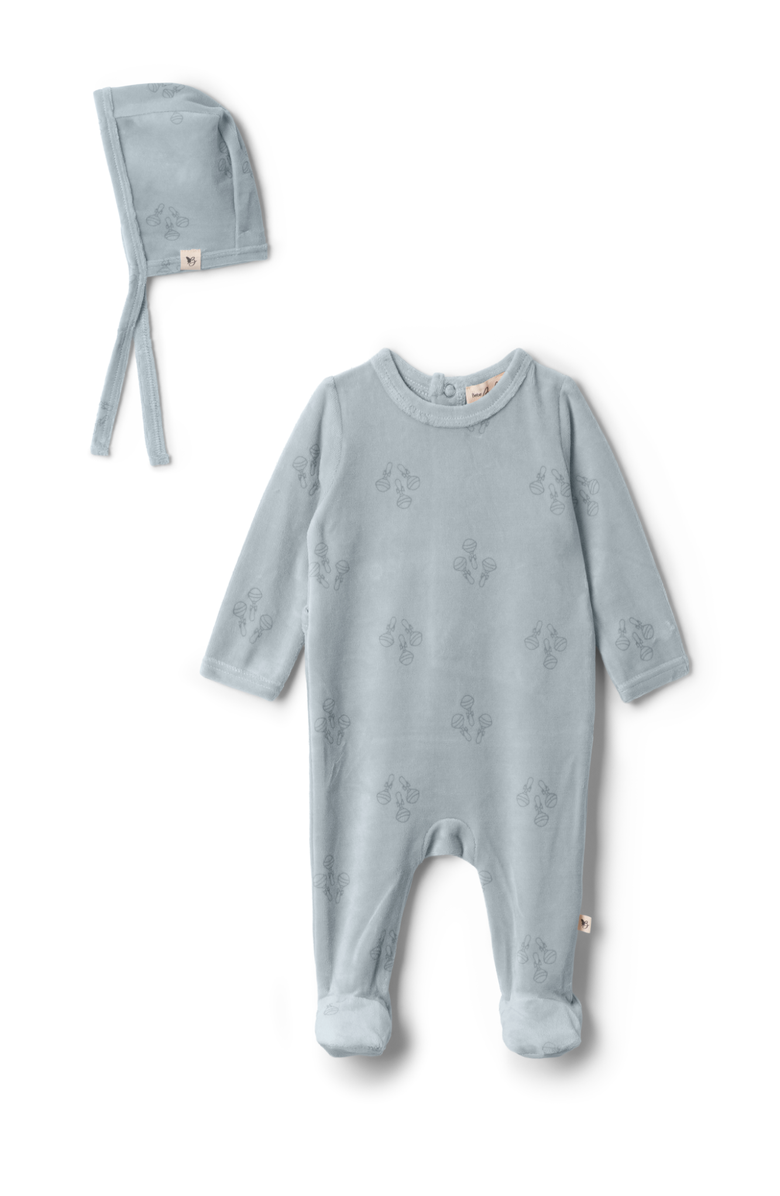 Bebe Bella Boy Rattle Print Velour Romper with Bonnet, Main, color, Blue