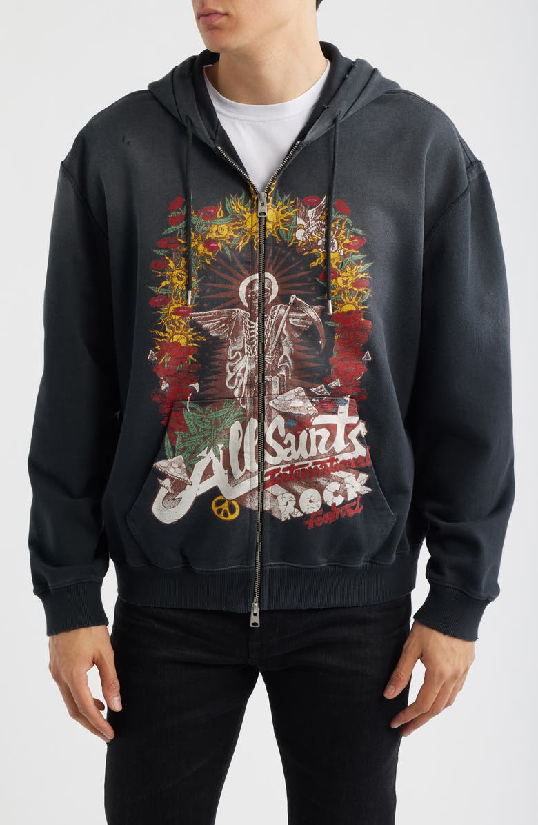 AllSaints Roque International Rock Festival Cotton Zip Hoodie, Alternate, color, Washed Black