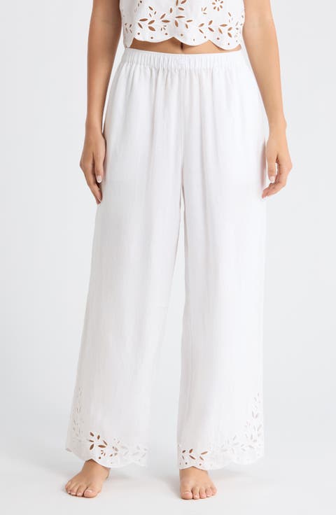 Embroidered Eyelet Linen Pants