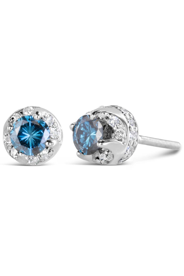 14K White Gold 1.00 Ct Blue and White Diamond Hidden Halo Stud Earrings, Main, color, White