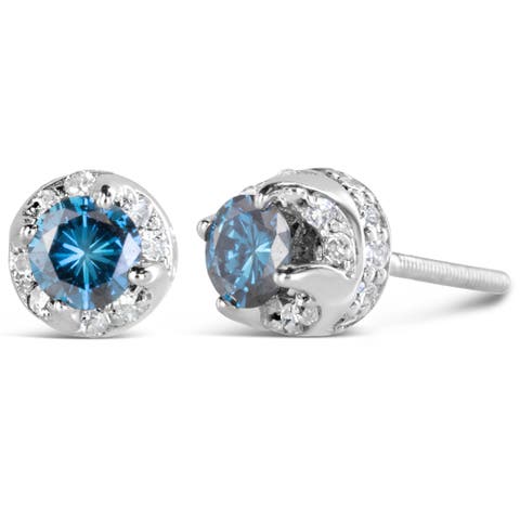 14K White Gold 1.00 Ct Blue and White Diamond Hidden Halo Stud Earrings