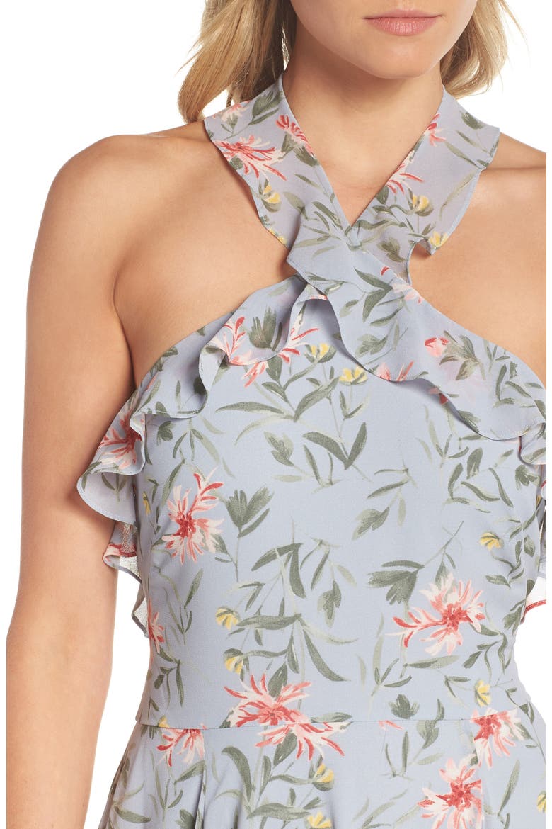 Ella Floral Ruffle Chiffon Maxi Dress, Alternate, color, SMOKE BLUE GREY/ LIGHT RED