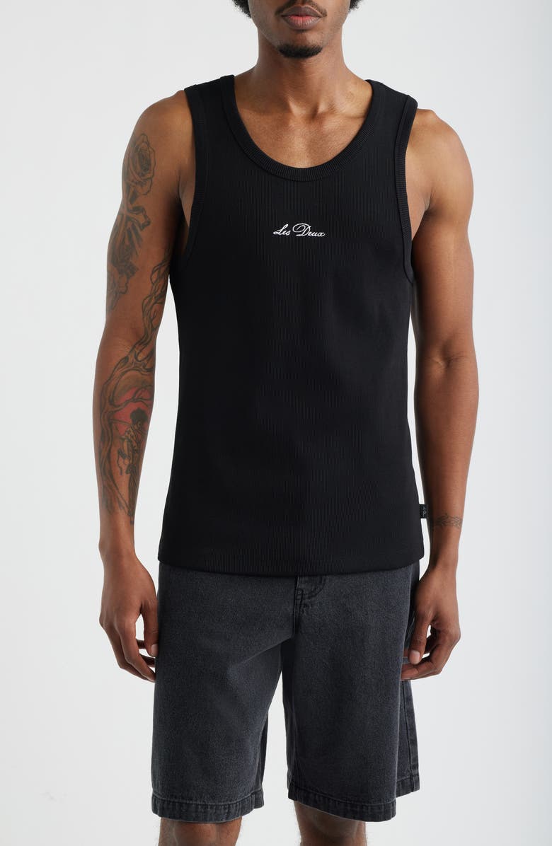 Les Deux Arthur Logo Embroidered Rib Tank, Main, color, Black