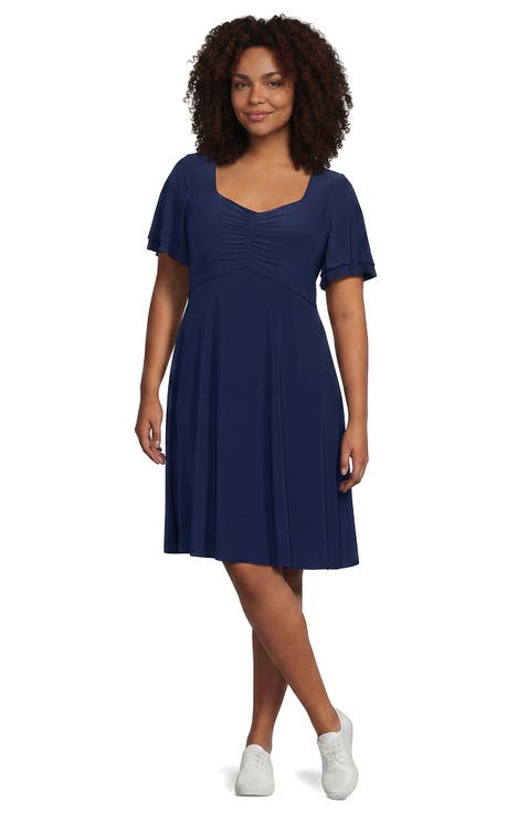 Plus Size Silky Knit V-neck Flutter Sleeve Knee Length Dress