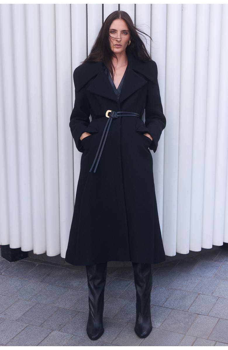 Karen Millen Wool Shawl Collar Belted Midi Coat, Alternate, color, Black