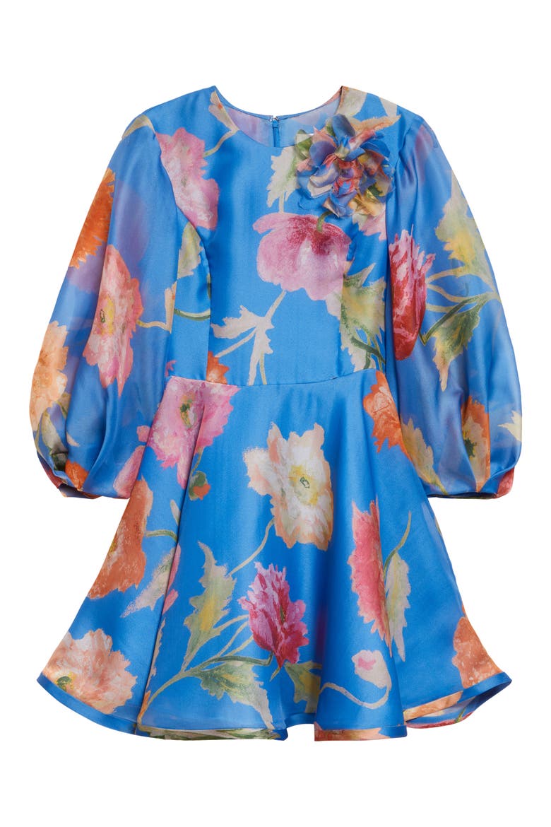 Poppy Print Floral Puff Sleeve Silk Organza Minidress, Alternate, color, BLUEBELL MULTI