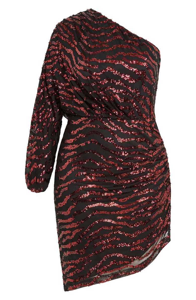 City Chic Sequin Stripe One-Shoulder Long Sleeve Dress, Alternate, color, Ruby