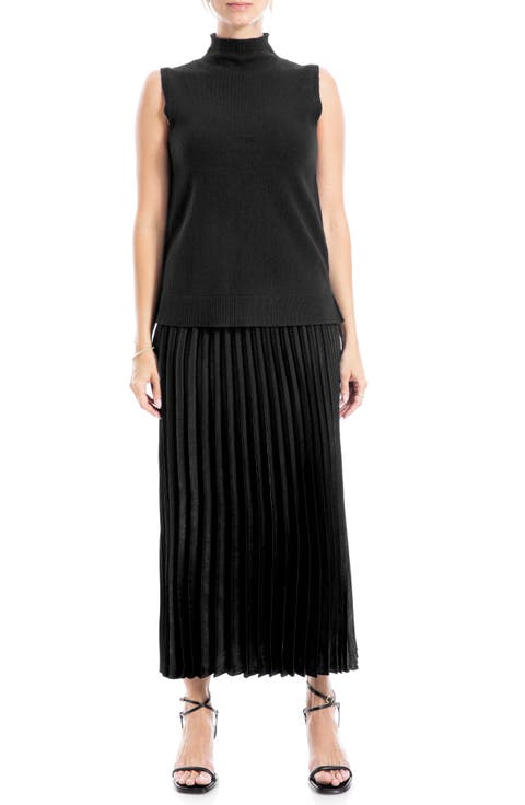 Mock Neck Sleeveless Sweater & Pleated Skirt Set