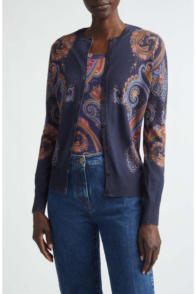 Floral Paisley Silk & Cashmere Cardigan, Main, color, PRINT ON BLUE BASE