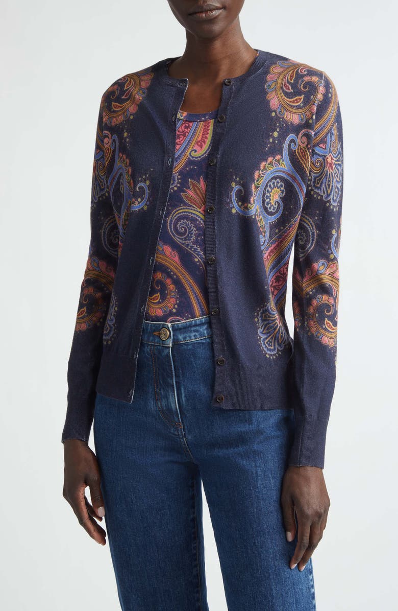 Etro Floral Paisley Silk & Cashmere Cardigan, Main, color, Print On Blue Base