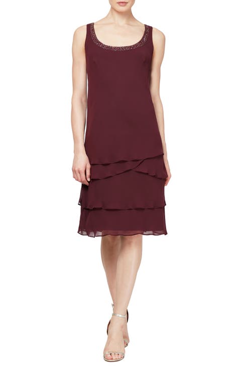 SLNY Tiered Chiffon Cocktail Dress with Jacket