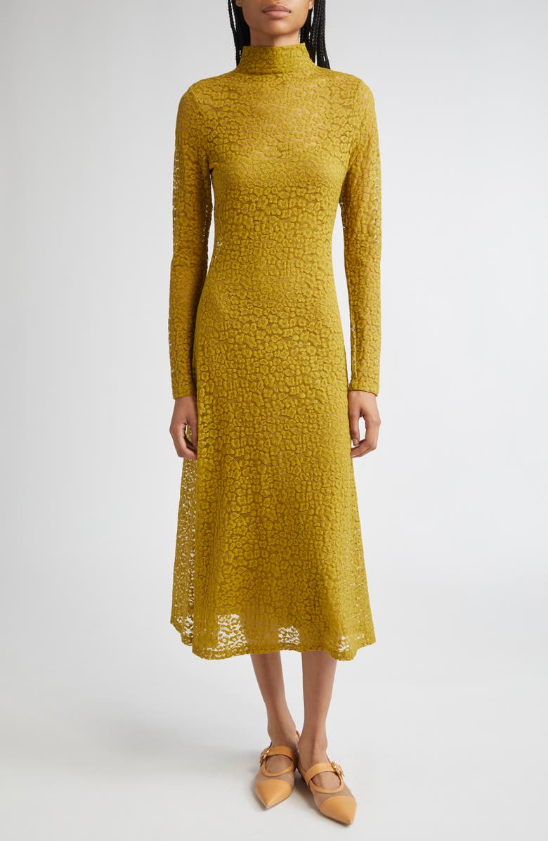 Ulla Johnson Talia Lace Long Sleeve Mock Neck Dress, Main, color, Argan