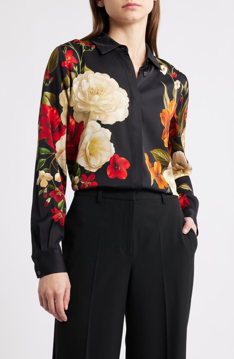Elie Tahari The Shae Floral Stretch Silk Button-Up Shirt, Main, color, Lovestruck Black