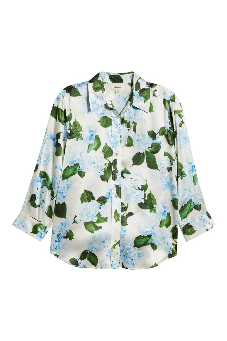 Dani Floral Three-Quarter Sleeve Silk Button-Up Shirt, Alternate, color, IVORY/ LIGHT BLUE HYDRANGEA