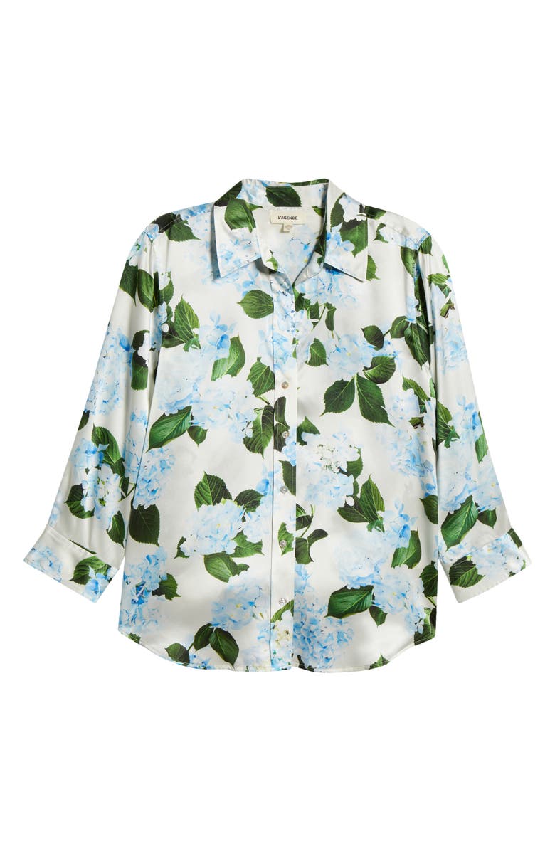 L'AGENCE Dani Floral Three-Quarter Sleeve Silk Button-Up Shirt, Alternate, color, Ivory/ Light Blue Hydrangea