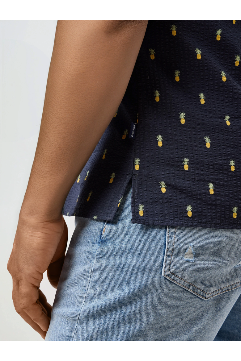 Seersucker Pineapple Print Resort SS Button-Up Shirt, Alternate, color, Dark Navy