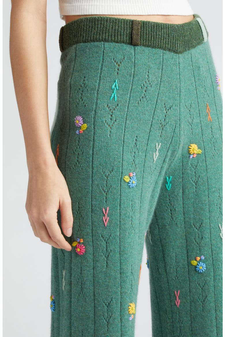 Daisy Embroidered Pointelle Knit Lambswool Pants, Alternate, color, JADE