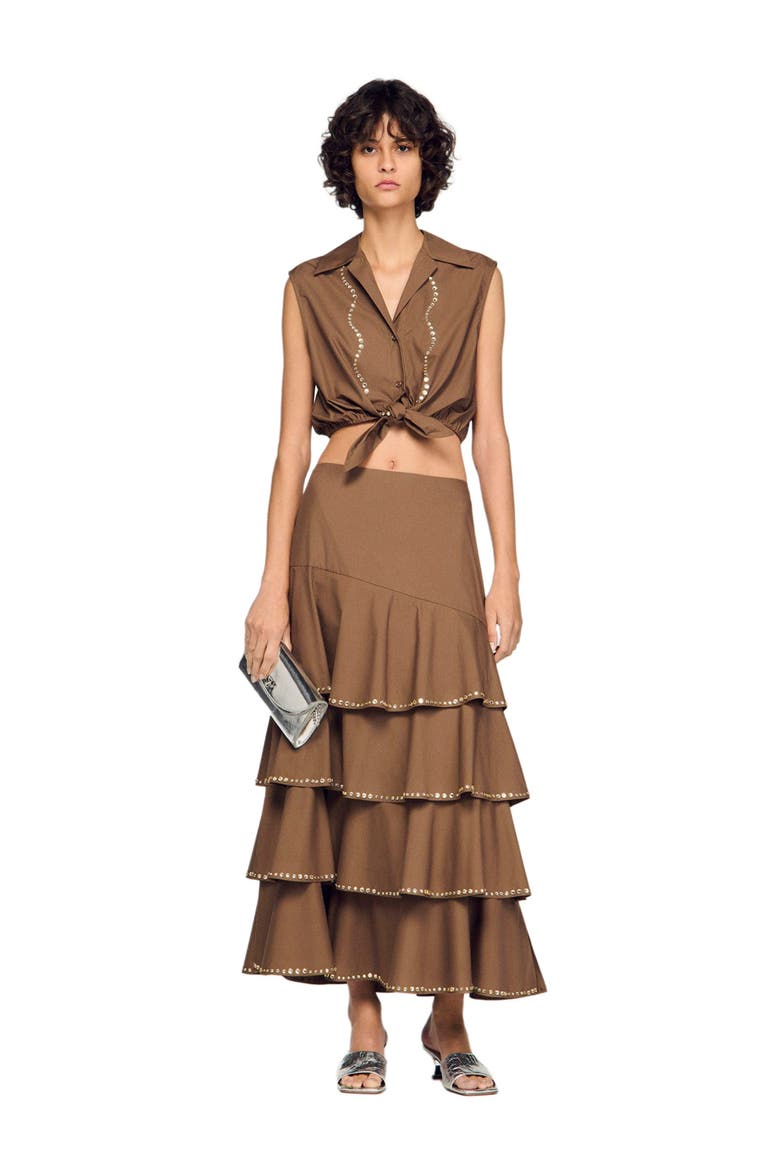 Long ruffled rhinestone skirt, Alternate, color, Brown