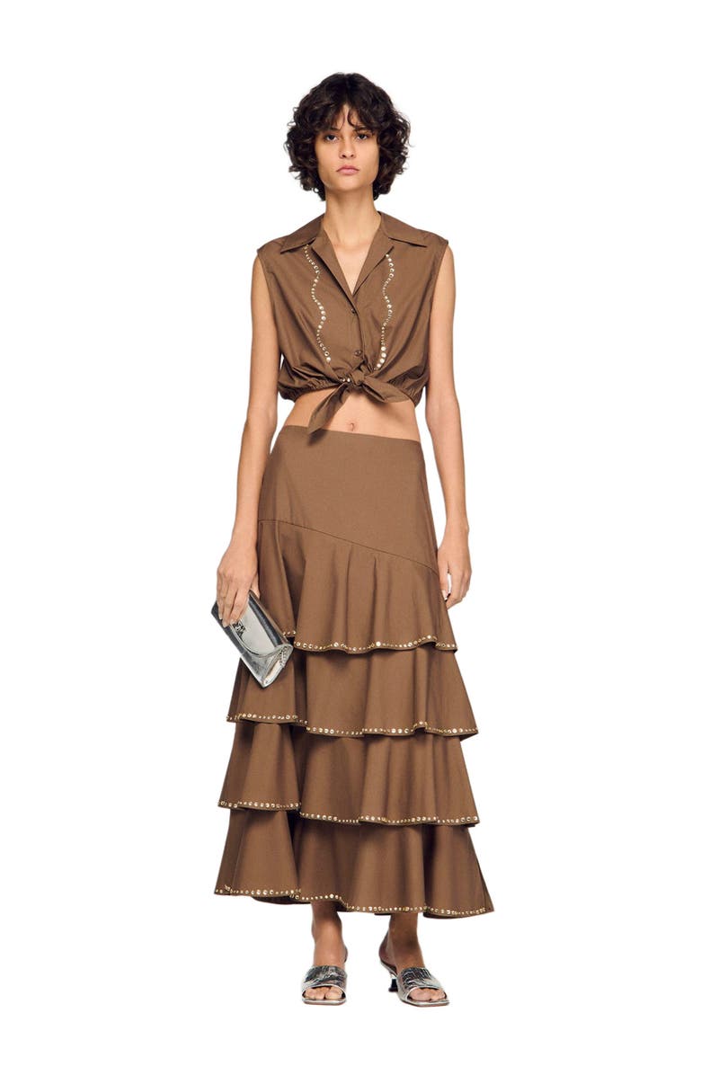 SANDRO Long ruffled rhinestone skirt, Alternate, color, Brown