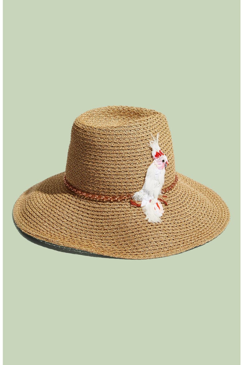 'Emmanuelle' Cockatoo Ornament Straw Hat, Main, color, CAMEL
