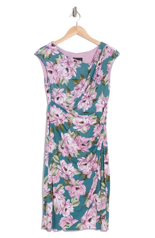 Connected Apparel Floral Cap Sleeve Ruched Faux Wrap Dress In Seafoam