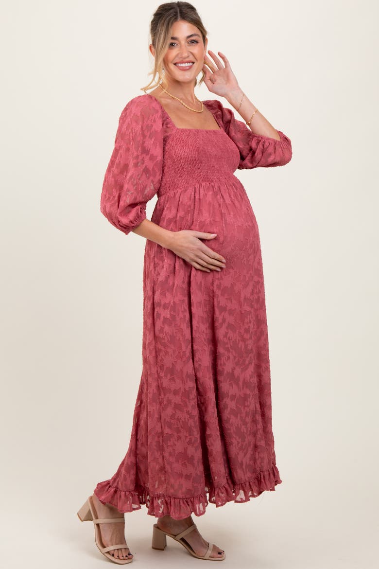 Textured Overlay Smocked Ruffled Hem Maxi Dress, Alternate, color, Mauve