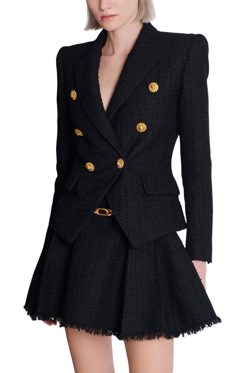 Balmain 6-button tweed jacket, Alternate, color, Black