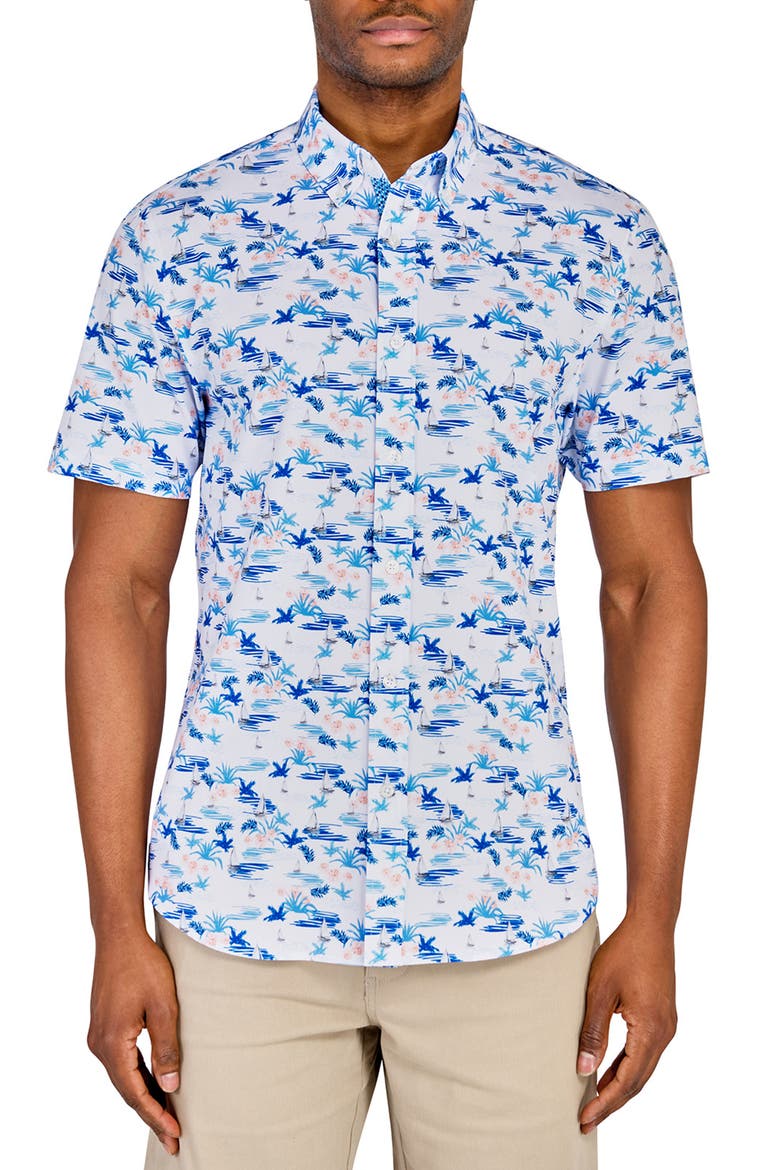 Slim Fit Sailboat Recycled 4-Way Stretch Performance Short Sleeve Shirt, Main, color, WHITE/BLUE