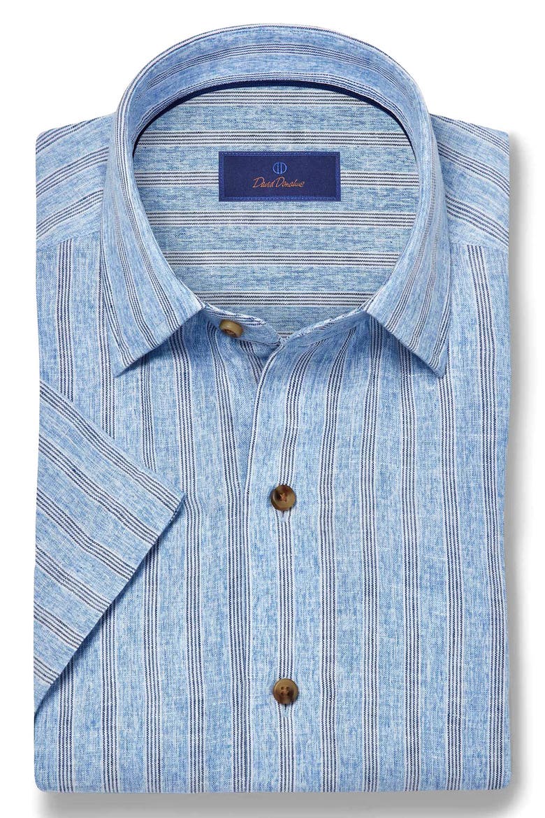 Stripe Linen Short Sleeve Button-Up Shirt, Alternate, color, BLUE