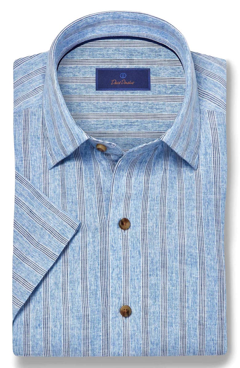 David Donahue Stripe Linen Short Sleeve Button-Up Shirt, Alternate, color, Blue