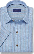David Donahue Stripe Linen Short Sleeve Button-Up Shirt