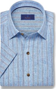 David Donahue Stripe Linen Short Sleeve Button-Up Shirt