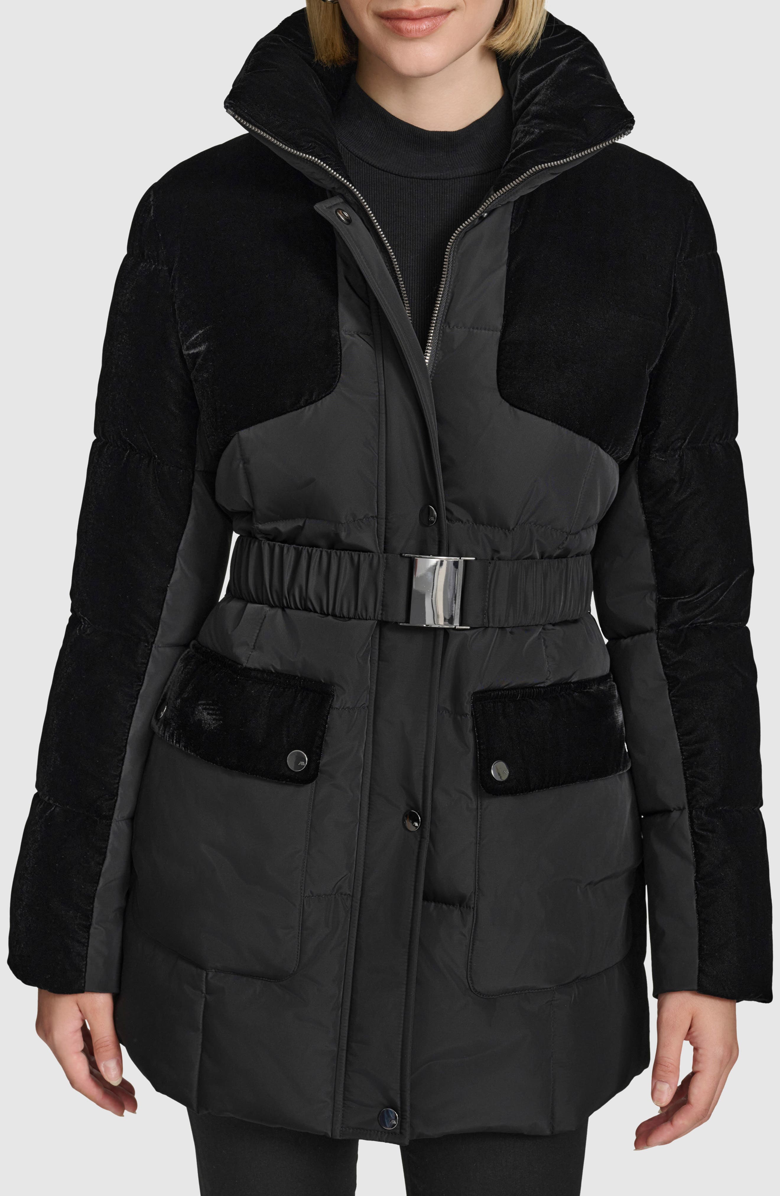 Andrew Marc Kempsey Belted Mixed Media Coat in Black 