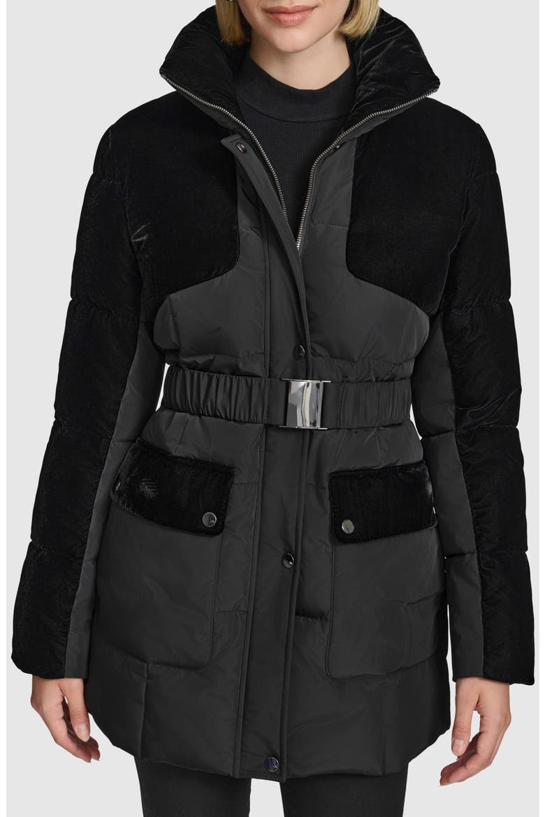Kempsey Belted Mixed Media Coat, Main, color, BLACK