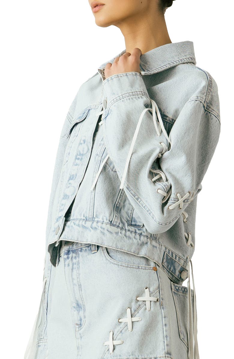 BLANKNYC Tie Breaker Oversize Lace-Up Denim Trucker Jacket, Alternate, color, 
