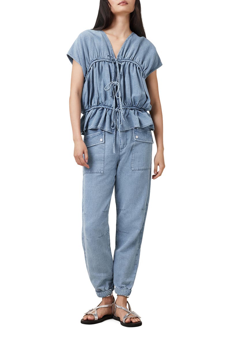 Remy Gathered Tie Front Denim Top, Alternate, color, LIGHT BLUE
