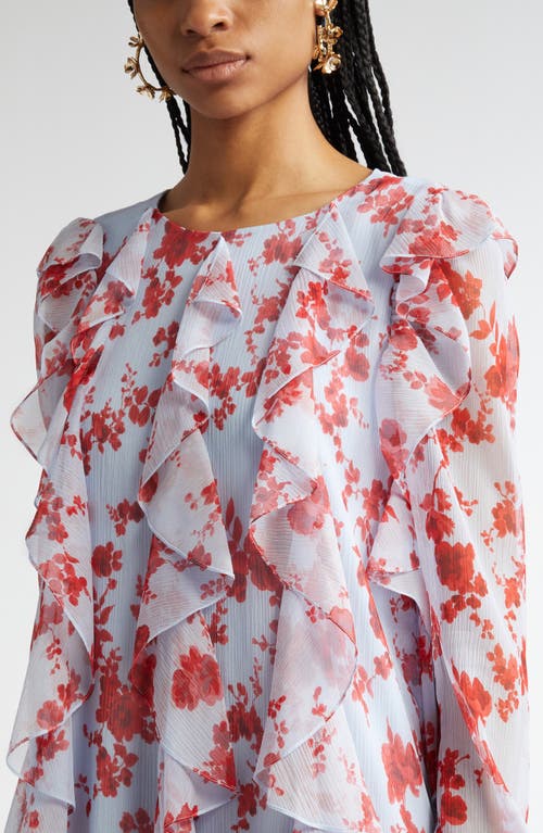Carolina Herrera Floral Print Long Sleeve Tiered Ruffle Silk Chiffon Minidress In Celeste Multi