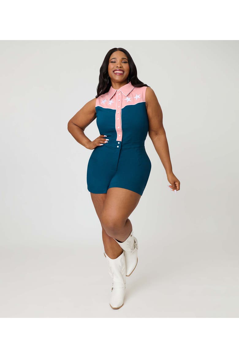 Plus Size Rodeo Ready Romper, Alternate, color, Green & Pink w/ Embroidery